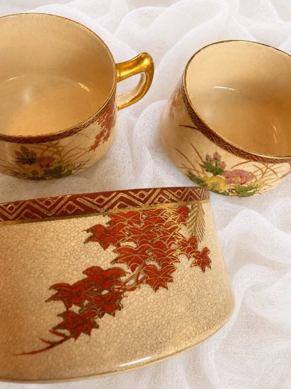 Vintage Kutani Japan Tea Set 13 Pc Autumn Maple Crackle Glaze Gold Trim Teapot